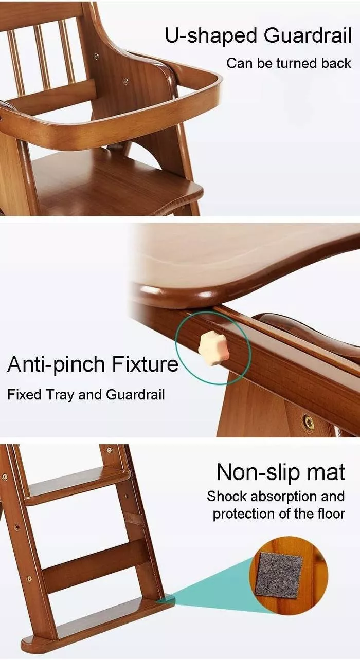 Adjustable & Foldable Wooden High Chair and Tray, Highchair for Babies and Toddlers Dining
