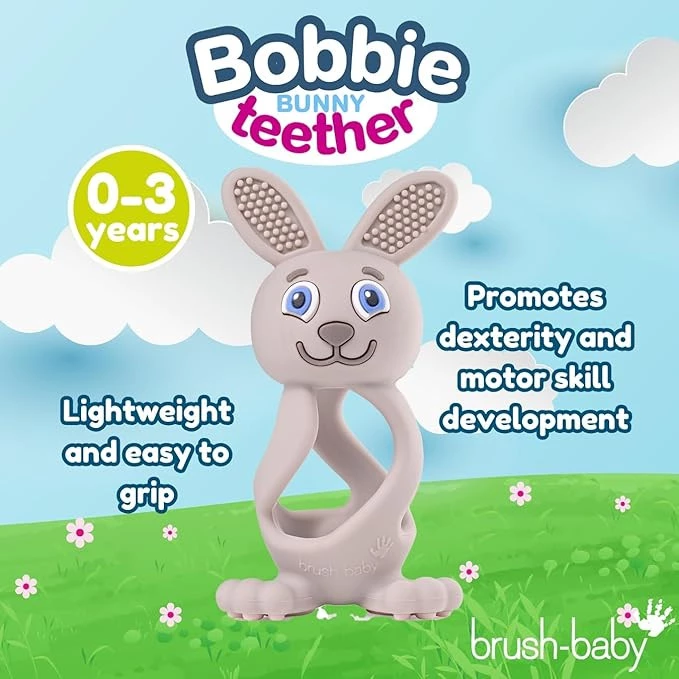 Brush-Baby - Bobbie Bunny Teether Toy, Cappuccino Grey - Fun, Engaging, Sensory Teething Toy for Babies 0-3 Years - BPA Free, Soft Silicone - for Gum Relief & Oral Development