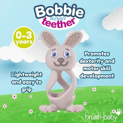 Brush-Baby - Bobbie Bunny Teether Toy, Cappuccino Grey - Fun, Engaging, Sensory Teething Toy for Babies 0-3 Years - BPA Free, Soft Silicone - for Gum Relief & Oral Development