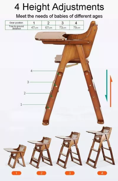 Adjustable & Foldable Wooden High Chair and Tray, Highchair for Babies and Toddlers Dining