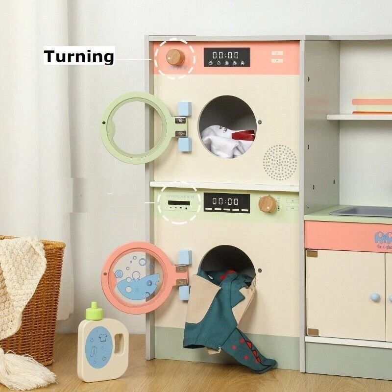Kids Wooden Laundry Play Set, Pretend to Play Washing Machine, Sink & Dryer Toy with Storage for Ages 3+