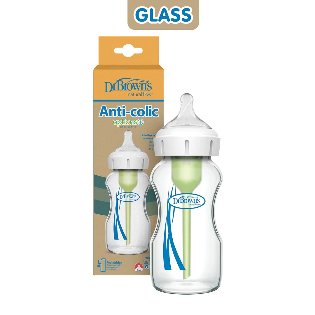 Dr. Brown's Options+ Wide-Neck Glass Baby Bottle with Anti-Colic, Slow Flow Nipple, BPA-Free, 0m+