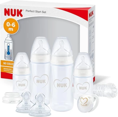 NUK Perfect Start First Choice+ Baby Bottles Set (0–6 Months) – BPA-Free Anti-Colic Bottles with Orthodontic Teat, Dummy & Bottle Brush, 10-Piece Newborn Feeding Set