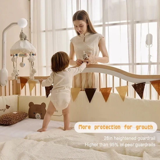 Solid Wood Toddler Bed with Adjustable Guardrail – European Beech, One-Click Lock, Coconut Palm Mattress Included