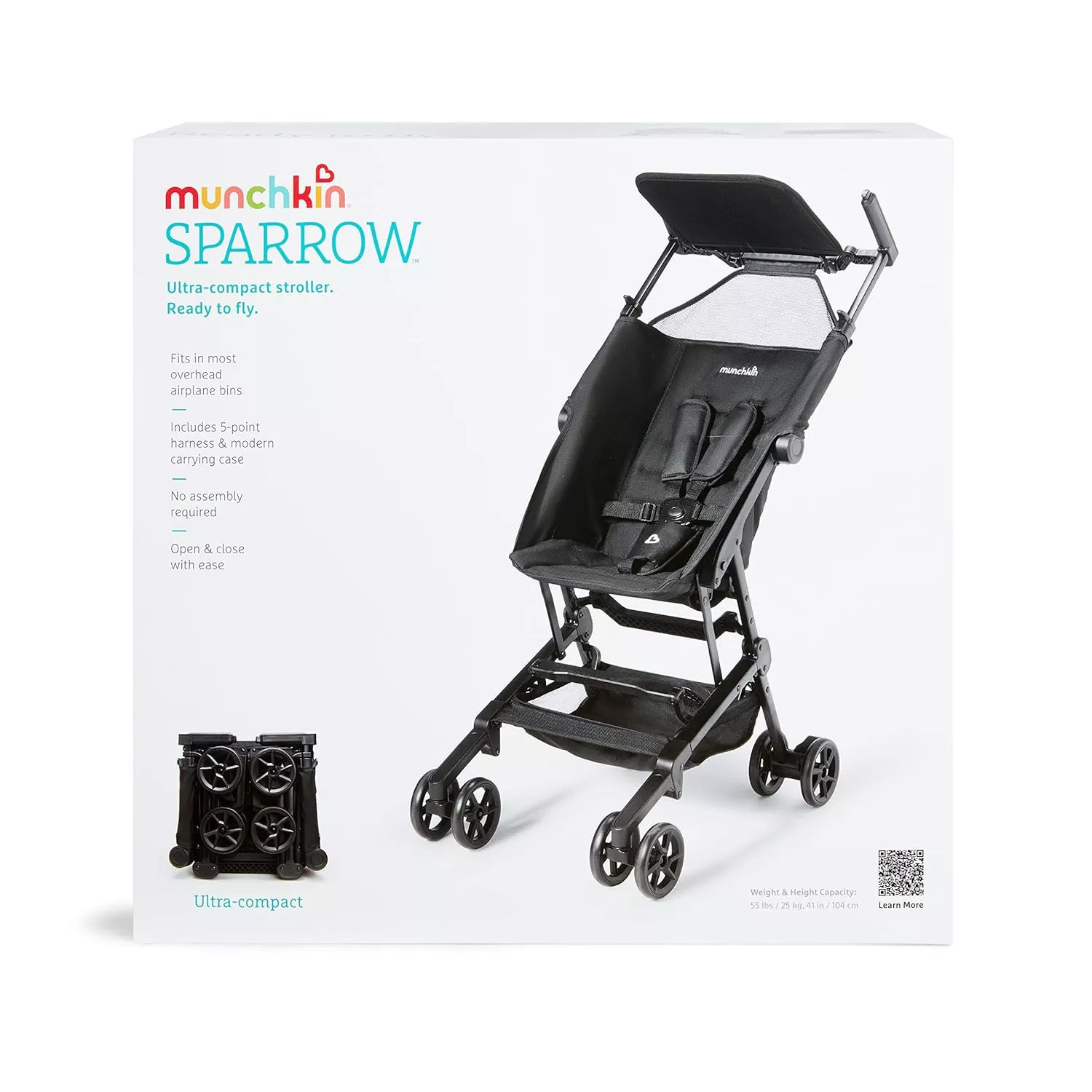 Munchkin Sparrow Travel Stroller, Ultra Compact, Lightweight & Foldable Baby Stroller for Toddlers, Airplane Cabin Friendly