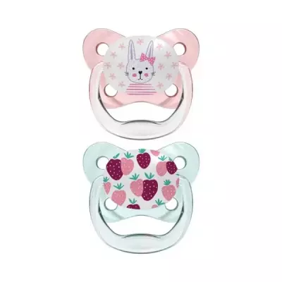 Dr Brown's Orthodontic Prevent Silicone Soother, Butterfly & Bunny Print | 0-6m | Pink and Blue | 2 Pack