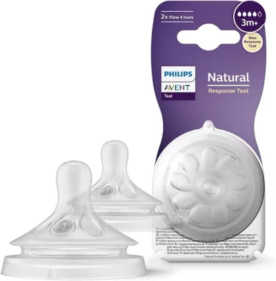 Philips Avent Natural Response Feeding Bottle Teat Flow 4 (3m+), 2pcs – Anti-Colic, No-Drip, Breast-Like Nipple SCY964/02