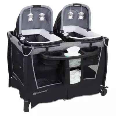 4-in-1 Convertible Twins Baby Playpen with Bassinet, Changing Table & Traveling Tote Bag, Portable Playard with Canopy, Wheel & Storage Organizer