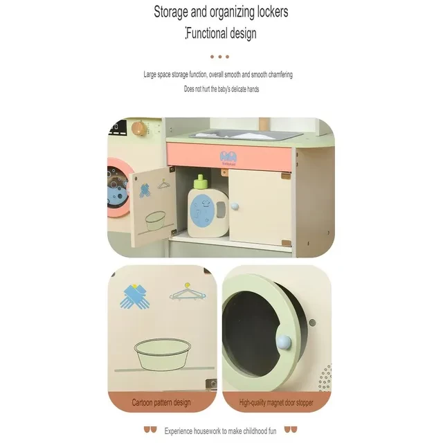 Kids Wooden Laundry Play Set, Pretend to Play Washing Machine, Sink & Dryer Toy with Storage for Ages 3+