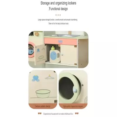 Kids Wooden Laundry Play Set, Pretend to Play Washing Machine, Sink & Dryer Toy with Storage for Ages 3+