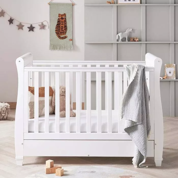 Babymore Eva Sleigh Baby Cot Bed White With Mattress Included