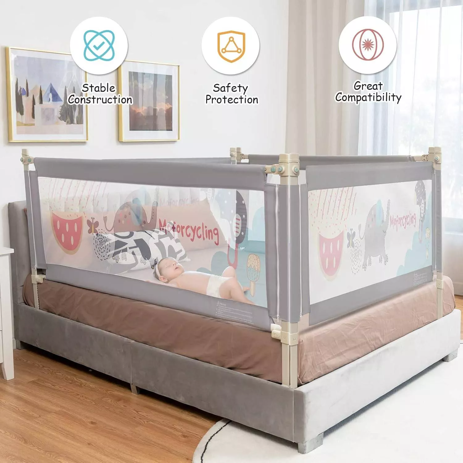 Bed Rail for Toddlers, Adjustable Height Baby Bed Safety Rail with Double Lock, Anti-Fall Mesh Guard for Kids, Vertical Lifting