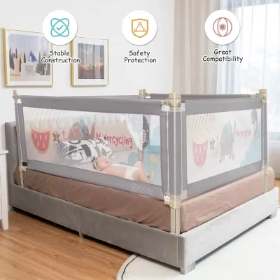 Bed Rail for Toddlers, Adjustable Height Baby Bed Safety Rail with Double Lock, Anti-Fall Mesh Guard for Kids, Vertical Lifting