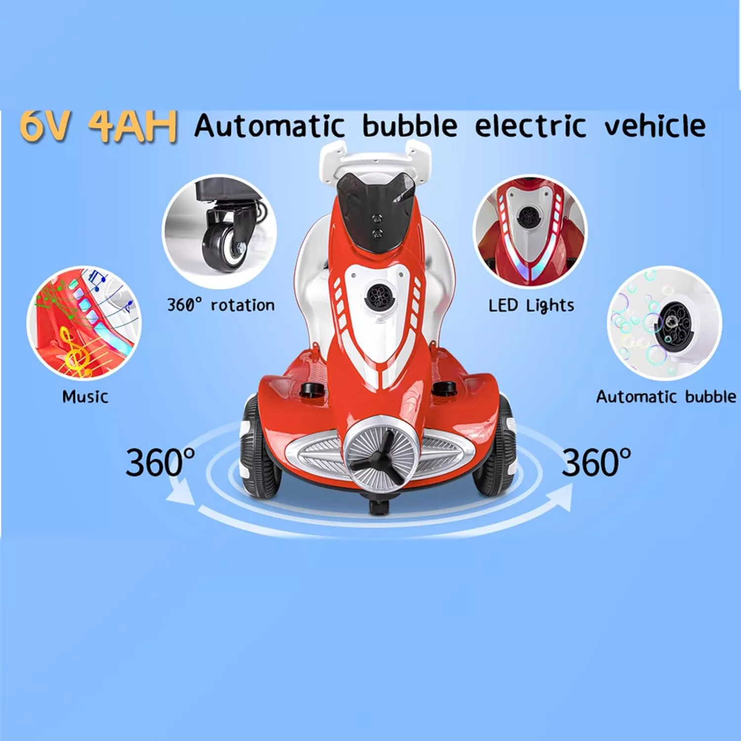 Ride-On Car for Kids with Bubble Maker – Dual Drive Electric Vehicle for Toddlers, Music, LED Lights, 360° Wheels, Safe Belt, Ages 3–5