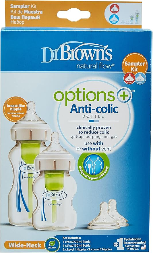 Dr. Brown's Options+ Wide-Neck Bottle Sampler Kit – Anti-Colic, Breast-Like Nipple, 270ml & 150ml Bottles.