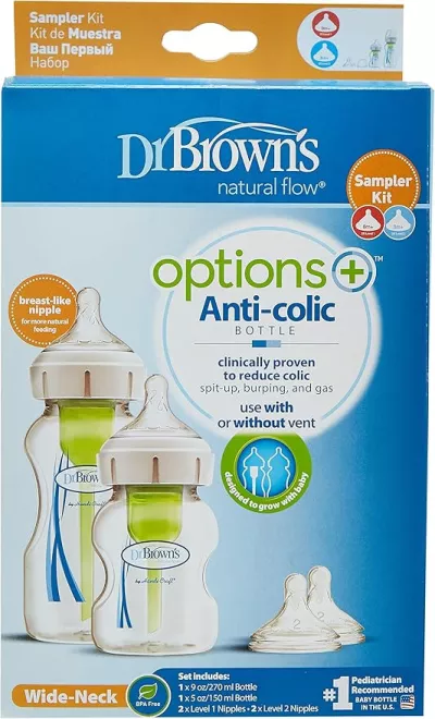 Dr. Brown's Options+ Wide-Neck Bottle Sampler Kit – Anti-Colic, Breast-Like Nipple, 270ml & 150ml Bottles.