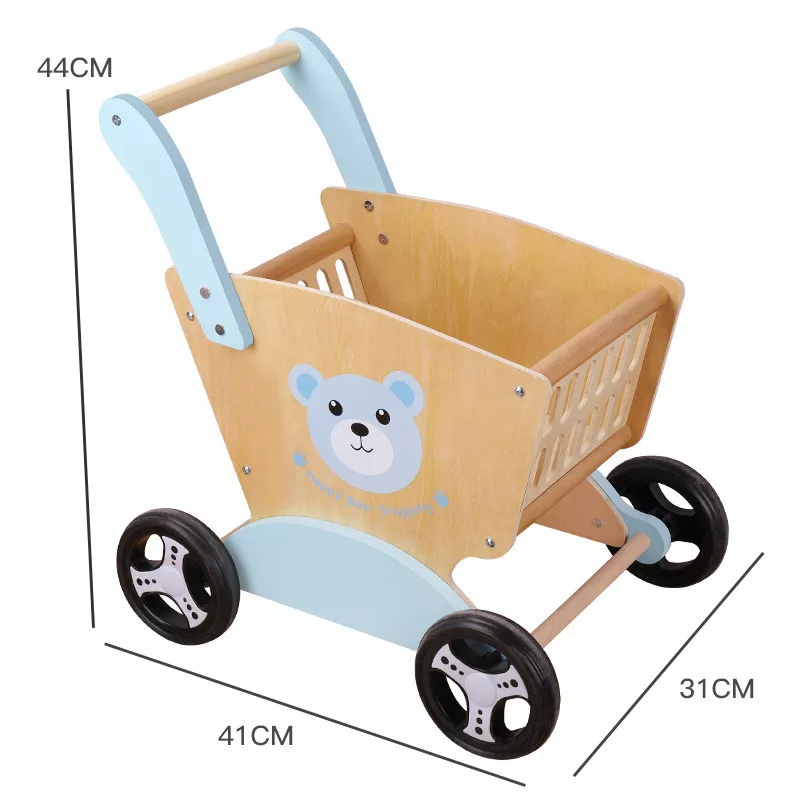 Wooden Kids Shopping Cart Trolley, Pretend Play Grocery Walker Toy for Toddlers