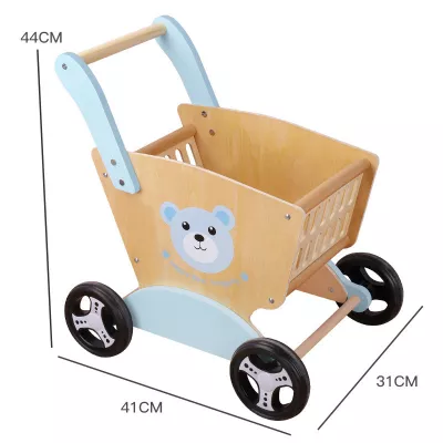 Wooden Kids Shopping Cart Trolley, Pretend Play Grocery Walker Toy for Toddlers
