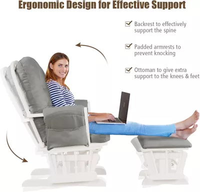 Nursing Rocking Chair with Ottoman, Glider Rocker With Padded Cushion, Solid Wood Base and Storage