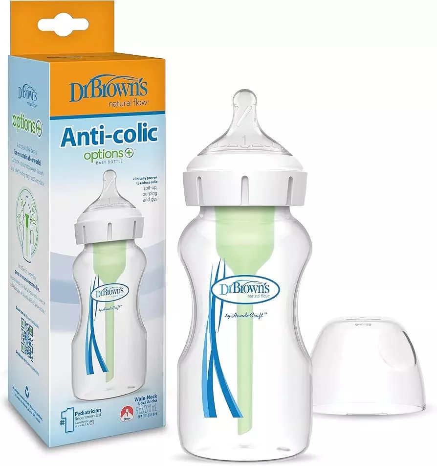 Dr. Brown’s Natural Flow Anti-Colic Options+ Wide-Neck Baby Bottle 9oz – BPA-Free, Level 1 Nipple, 0m+