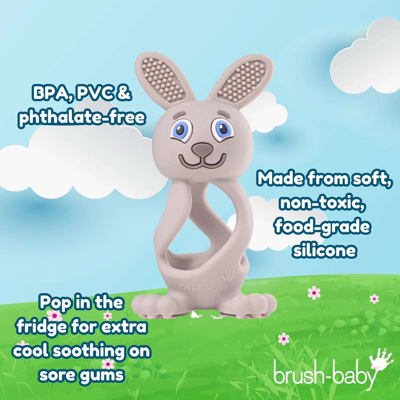 Brush-Baby - Bobbie Bunny Teether Toy, Cappuccino Grey - Fun, Engaging, Sensory Teething Toy for Babies 0-3 Years - BPA Free, Soft Silicone - for Gum Relief & Oral Development