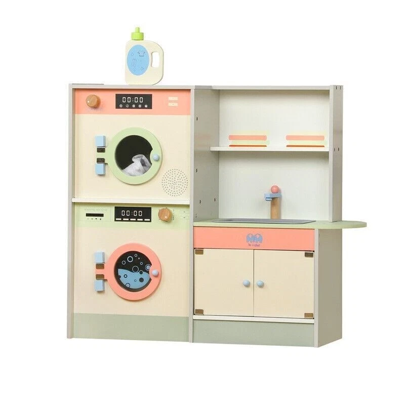 Kids Wooden Laundry Play Set, Pretend to Play Washing Machine, Sink & Dryer Toy with Storage for Ages 3+