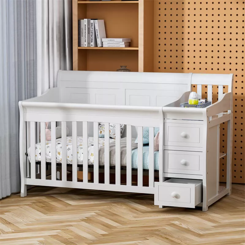4-in-1 Convertible Baby Crib & Changer, Crib Changer With Drawers, Adjustable Mattress Height & Toddler Bed Conversion
