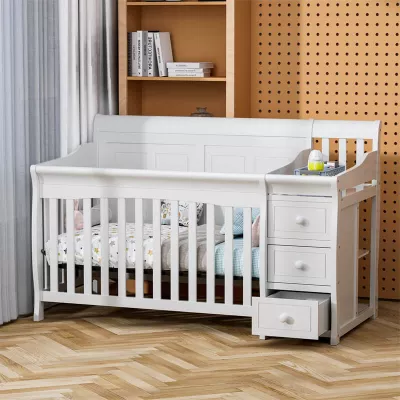 4-in-1 Convertible Baby Crib & Changer, Crib Changer With Drawers, Adjustable Mattress Height & Toddler Bed Conversion