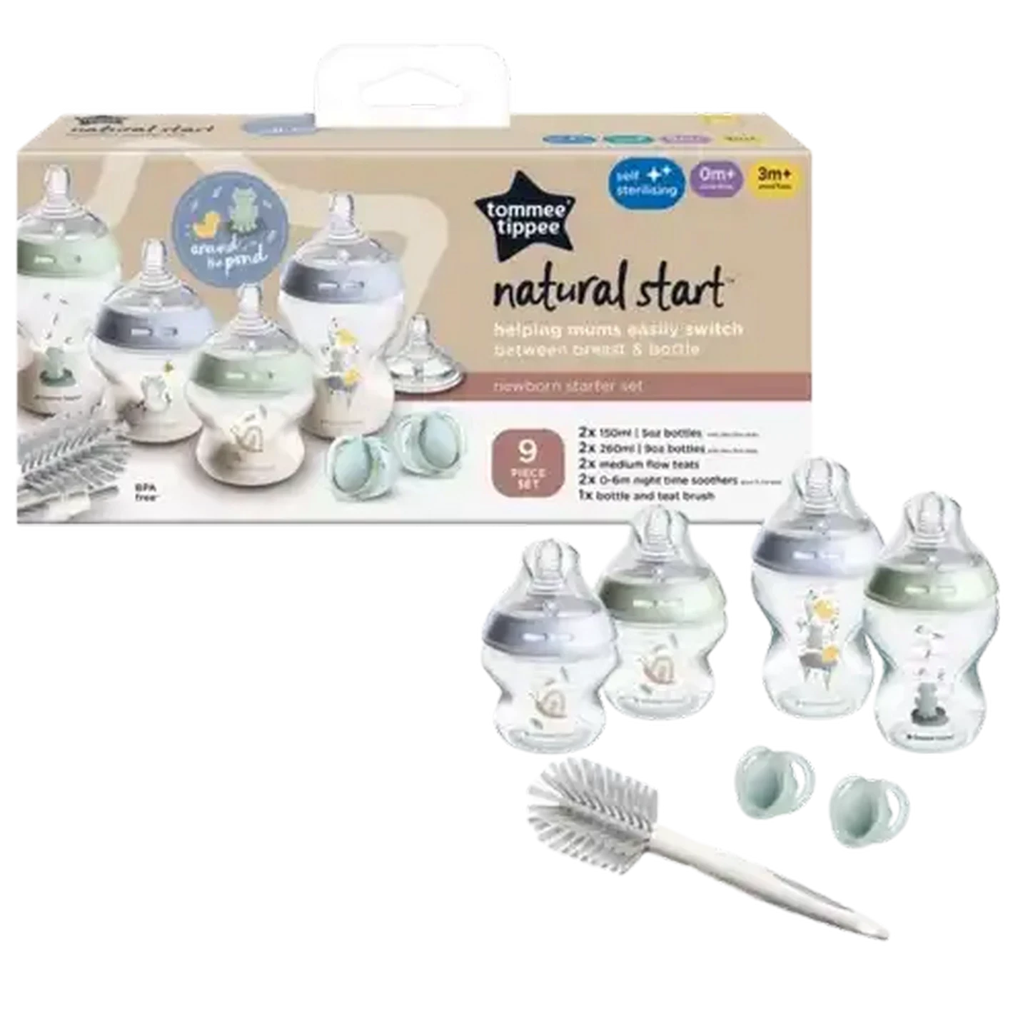 Tommee Tippee Natural Start Newborn Starter Set, 150ml and 260ml Anti-Colic Baby Bottles,Teat, and Bottle Brush