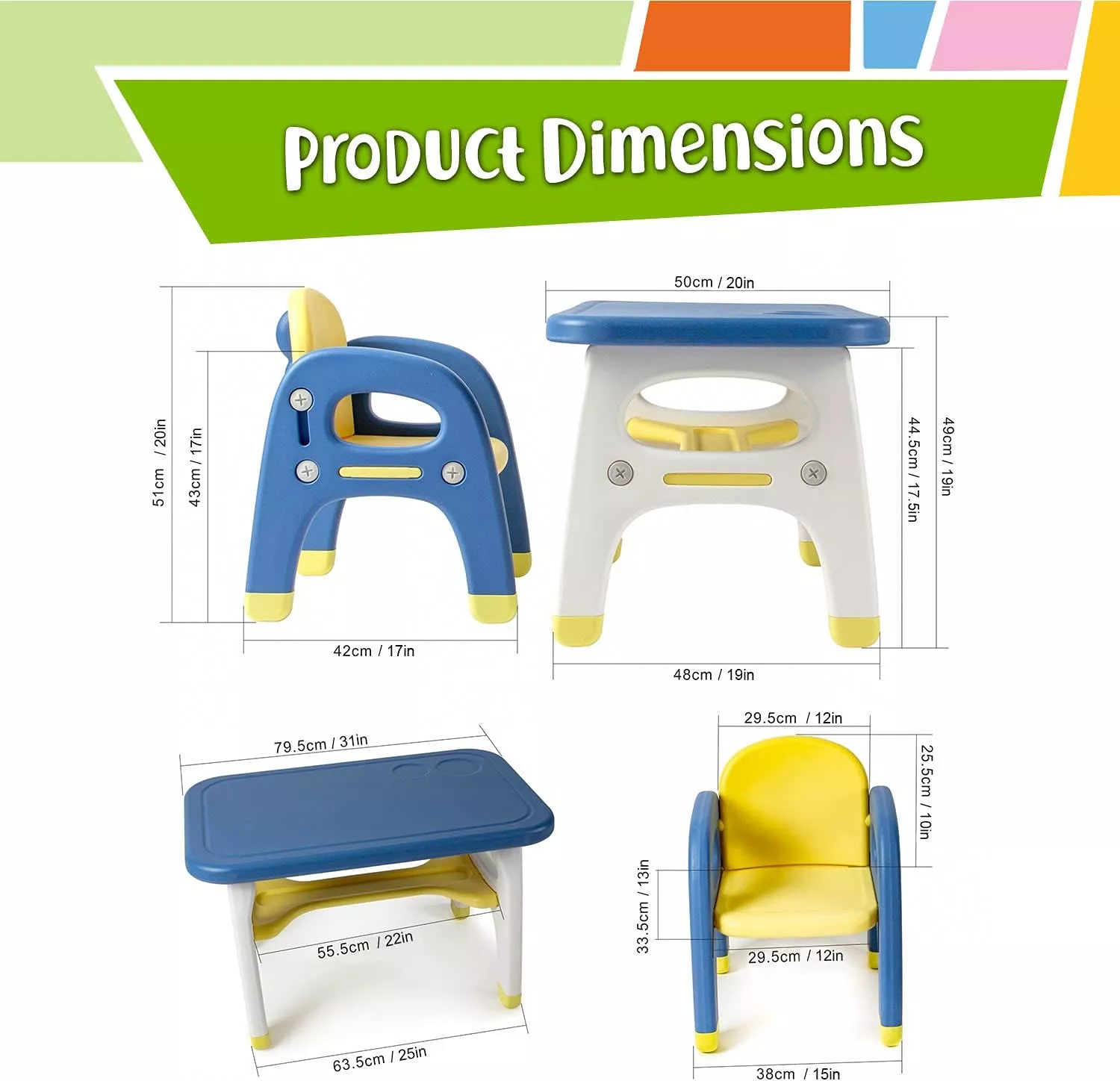 Kids Table and Chairs Set, Toddler Activity Table for Eating, Drawing, Painting & Learning | Easy to Assemble | Age 2-6y