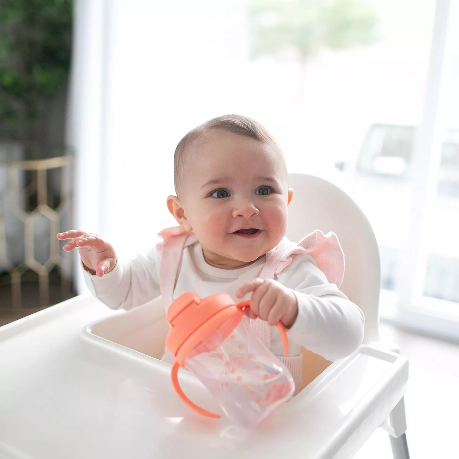 Dr. Brown's Milestones Baby’s First Straw Cup, Training Cup with Weighted Straw, Coral, 6m+