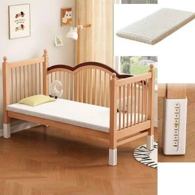 Solid Wood Toddler Bed with Adjustable Guardrail – European Beech, One-Click Lock, Coconut Palm Mattress Included