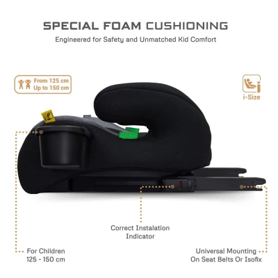 Neobreez i-SANFARO i-Size ISOFIX Backless Booster Car Seat,Double Padded Foam,Compact,Kids Car Seat,2 Cup Holder,ECER129(6-12yrs,125-150cm,22-36kg)