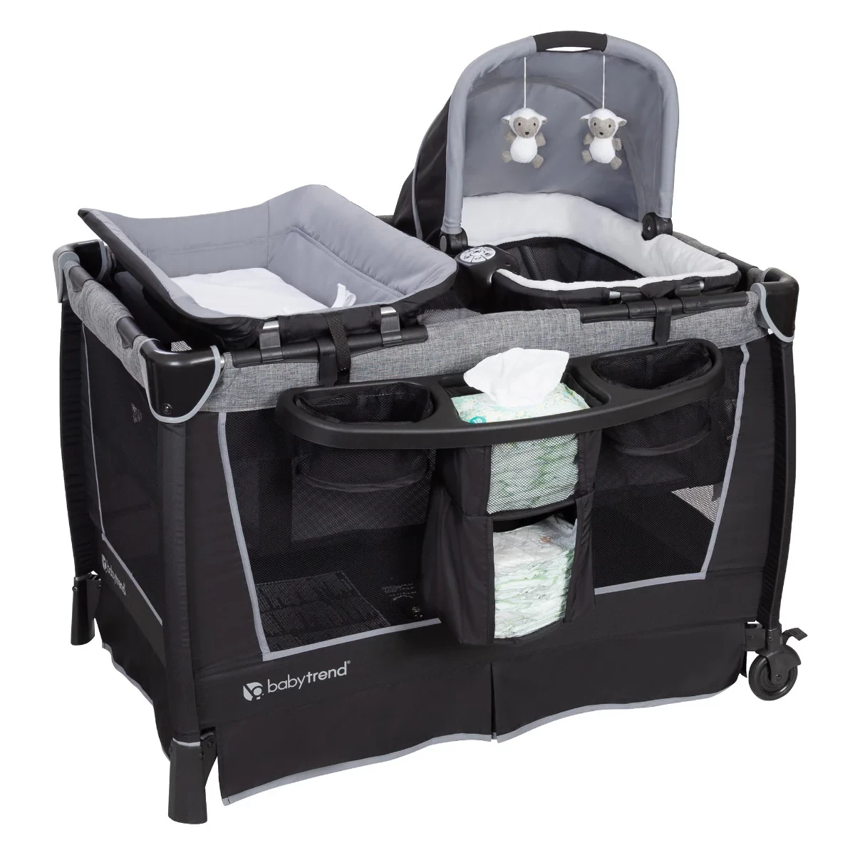 4-in-1 Convertible Twins Baby Playpen with Bassinet, Changing Table & Traveling Tote Bag, Portable Playard with Canopy, Wheel & Storage Organizer