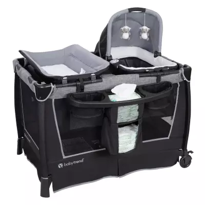 4-in-1 Convertible Twins Baby Playpen with Bassinet, Changing Table & Traveling Tote Bag, Portable Playard with Canopy, Wheel & Storage Organizer
