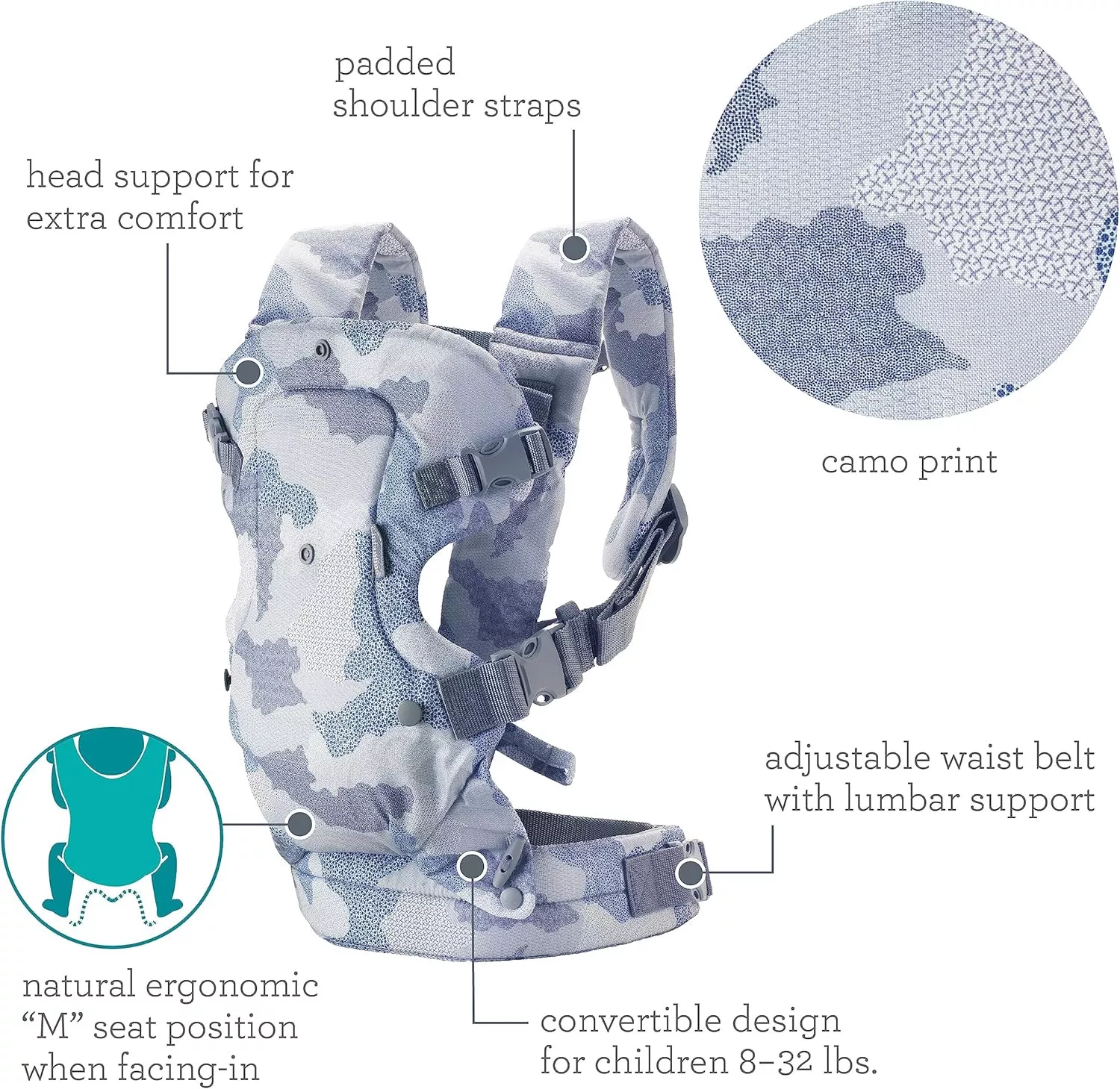 Infantino Flip Advanced 4-in-1 Carrier, Convertible Baby Carrier, Face-In & Face-Out Front and Back Carry , For Newborns & Toddlers, Camo print