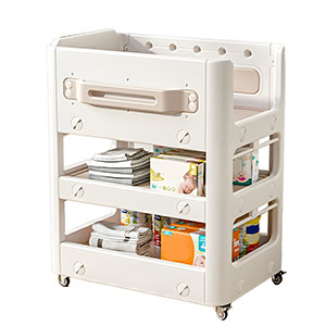 White Plastic Diaper Changing Table with Casters and Built-in Shelves