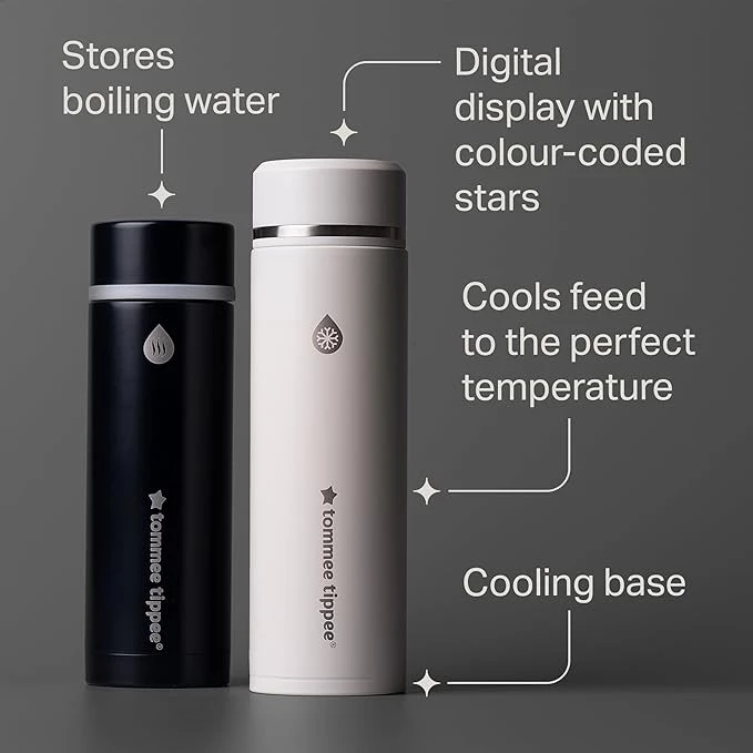 Tommee Tippee PrepGo Formula Feed Maker Set – Portable Hot & Cool Flasks with LED Temperature Display, Fast 2-Minute Feed Cooling