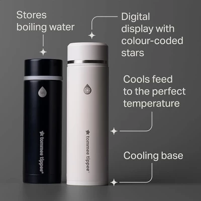Tommee Tippee PrepGo Formula Feed Maker Set – Portable Hot & Cool Flasks with LED Temperature Display, Fast 2-Minute Feed Cooling