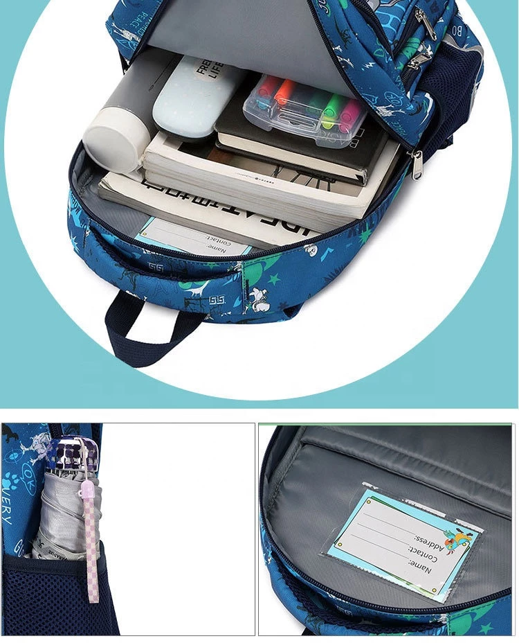 Children's Schoolbag, Dinosaur Print Waterproof Backpack with Lunch Box for Primary School Boys