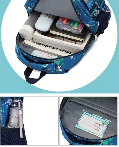 Children's Schoolbag, Dinosaur Print Waterproof Backpack with Lunch Box for Primary School Boys