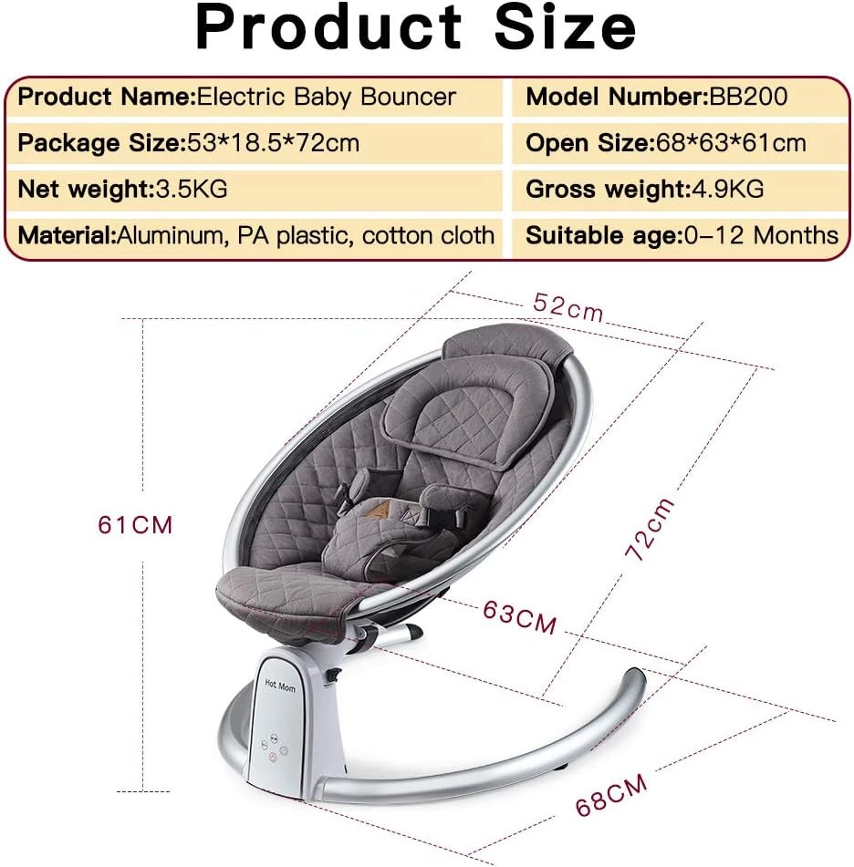 Hot Mom Upgrade Bluetooth Baby Swing | Electric Infant Rocker with Adjustable Seat, LED Touch Control & Machine-Washable Cover (0-12m)