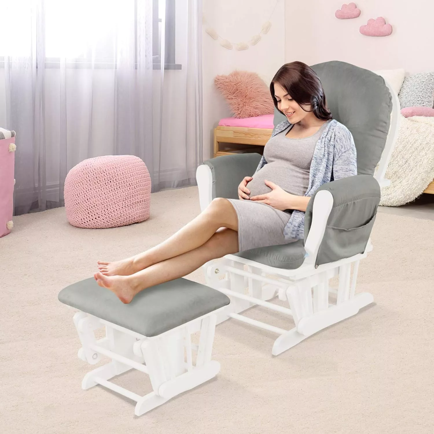 Nursing Rocking Chair with Ottoman, Glider Rocker With Padded Cushion, Solid Wood Base and Storage