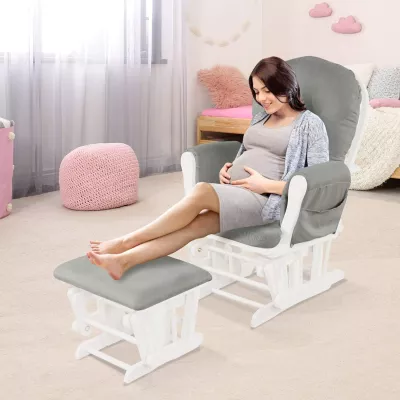 Nursing Rocking Chair with Ottoman, Glider Rocker With Padded Cushion, Solid Wood Base and Storage