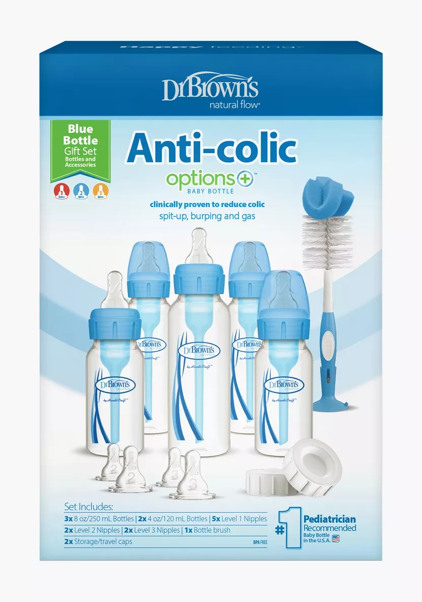 Dr Brown’s Anti-colic Options+ Narrow Neck Baby Bottle Gift Set | 5 Bottles, Teats & Accessories | Available in Blue and Pink