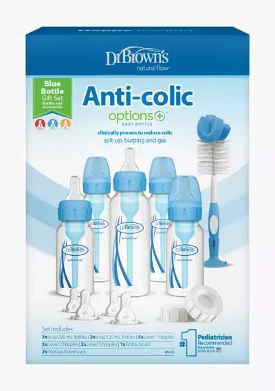 Dr Brown’s Anti-colic Options+ Narrow Neck Baby Bottle Gift Set | 5 Bottles, Teats & Accessories | Available in Blue and Pink