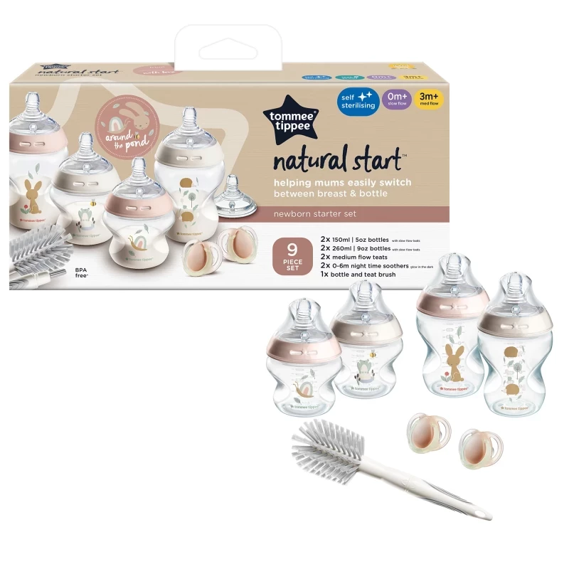 Tommee Tippee Natural Start Newborn Starter Set, 150ml and 260ml Anti-Colic Baby Bottles,Teat, and Bottle Brush