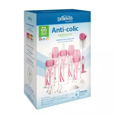 Dr Brown’s Anti-colic Options+ Narrow Neck Baby Bottle Gift Set | 5 Bottles, Teats & Accessories | Available in Blue and Pink