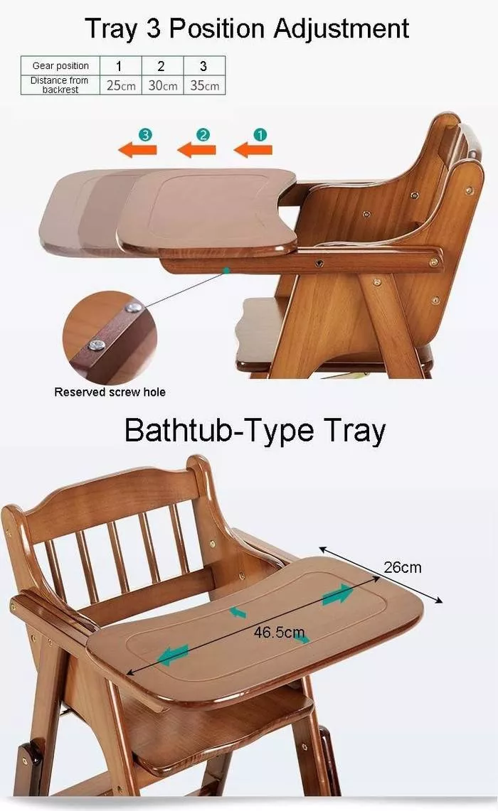 Adjustable & Foldable Wooden High Chair and Tray, Highchair for Babies and Toddlers Dining