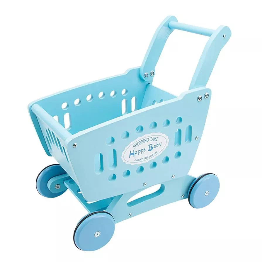 Wooden Kids Shopping Cart Trolley, Pretend Play Grocery Walker Toy for Toddlers